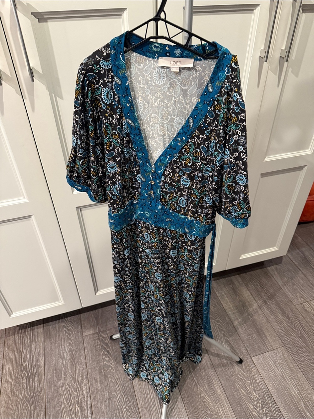 LOFT Black Floral Wrap Dress with Teal Trim